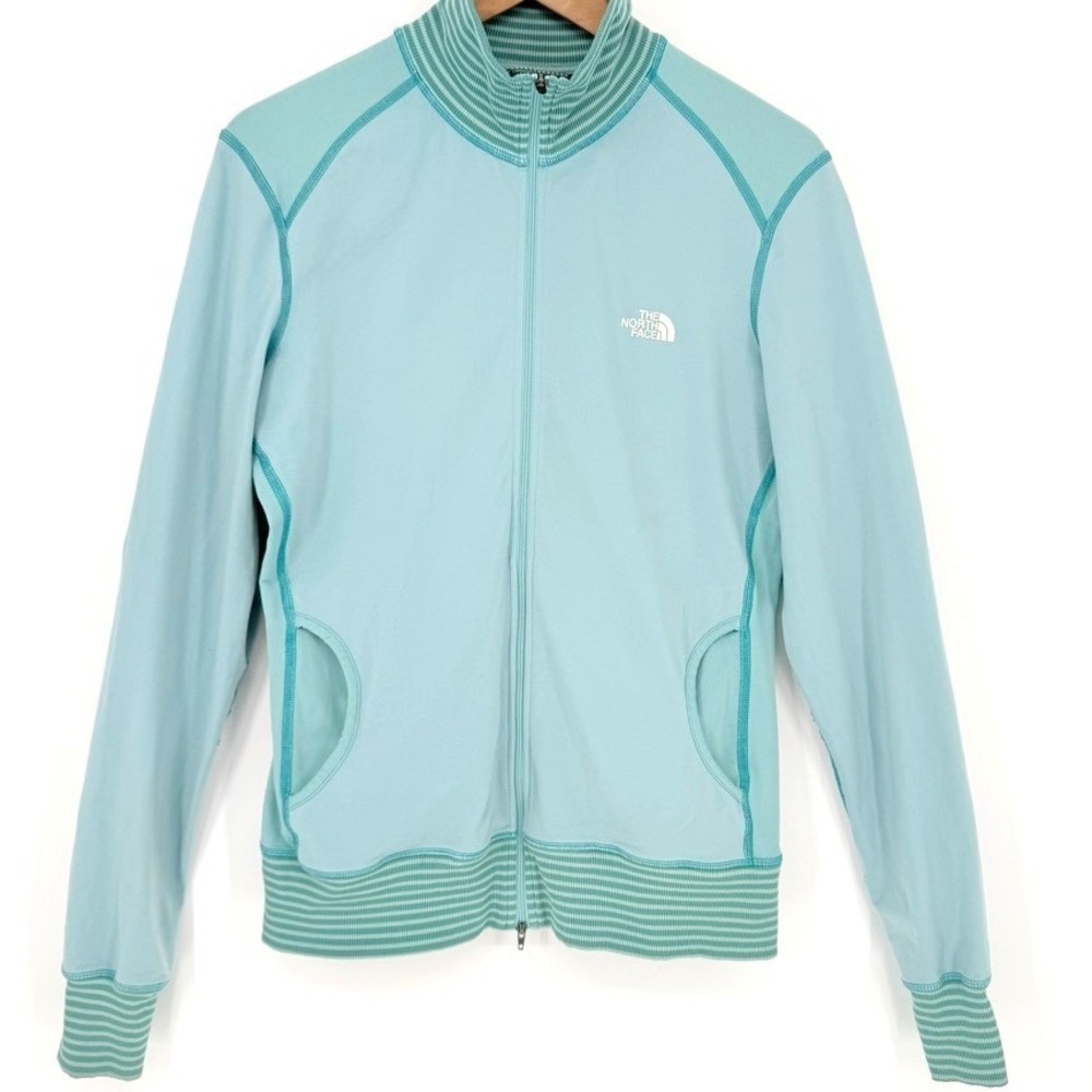 The North Face Aqua Blue Striped Trim Full Zip Track Jacket Large Old School 90s